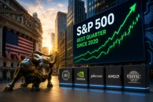 Bronze charging bull statue in a financial district with a large S&P 500 billboard showing an upward green stock chart and logos for Nvidia, Micron, AMD, and TSMC nearby.