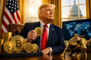 Man in a dark suit and red tie sits at a desk holding a Bitcoin coin, with gold crypto coins, a bull statue, and a world map display in the background.