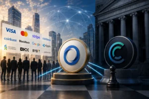 Group of businesspeople overlook a wall of payment-network logos (Visa, Mastercard, Stripe, Coinbase, Google, Ripple, etc.) beside two large coin sculptures in a futuristic cityscape.