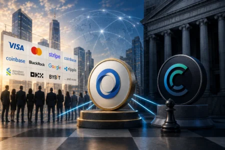 Group of businesspeople overlook a wall of payment-network logos (Visa, Mastercard, Stripe, Coinbase, Google, Ripple, etc.) beside two large coin sculptures in a futuristic cityscape.
