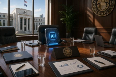 A sleek conference room with a glowing AI chip display on the table, surrounded by notebooks, glasses of water, and a laptop, in front of large windows and a Federal Reserve seal on the wall.