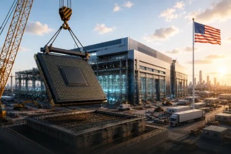 Crane hoists a giant computer processor module onto a modern data center under construction at sunset.