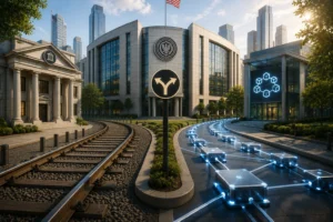 Curving train tracks lead to a grand government-style building with a three-way arrows sign in a landscaped plaza, and a glowing blue modular walkway nearby.