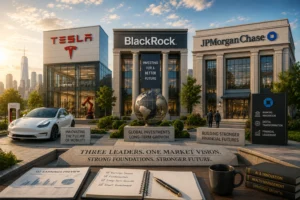 Modern corporate plaza with Tesla, BlackRock, and JPMorgan Chase buildings, a large globe sculpture, and banners about investing for a better future.