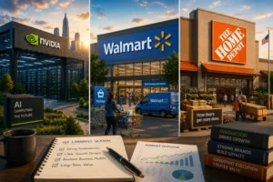 collage of NVIDIA, Walmart, and The Home Depot storefronts with a desk featuring Q2 earnings notes, market charts, and business books in the foreground