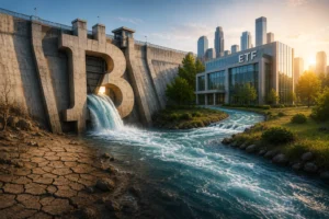 Large Bitcoin symbol integrated into a dam with a waterfall, beside a modern ETF building and a distant city skyline at sunset.