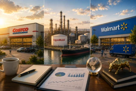 Rekomendasi Saham Hari Ini: COST, XOM, WMT (14 Juli 2026) Triptych collage showing Costco, ExxonMobil refinery, and Walmart storefronts at sunset viewed from a desk with charts and coffee in the foreground ability to convey business context.