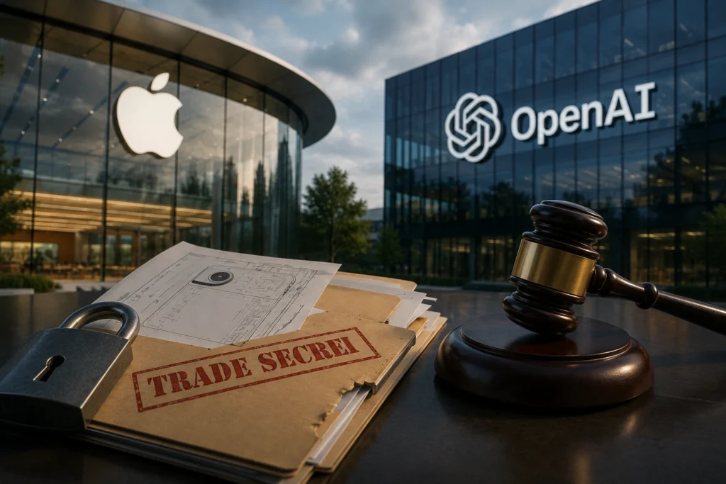 Gavel and a padlock sit on a desk with stamped 'TRADE SECRET' documents, backdrop shows Apple and OpenAI office buildings in glass.