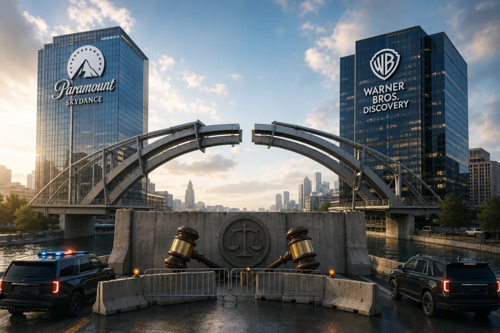 Skyline with Paramount Skydance and Warner Bros. Discovery towers, a curved metal bridge, and a large gavel sculpture blocking a road beneath. They imply a legal/security themed city scene with police cars nearby.