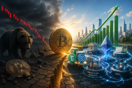 Bear stands on cracked ground beside a large Bitcoin coin as rising green charts and Ethereum icon imply crypto market recovery and growth.