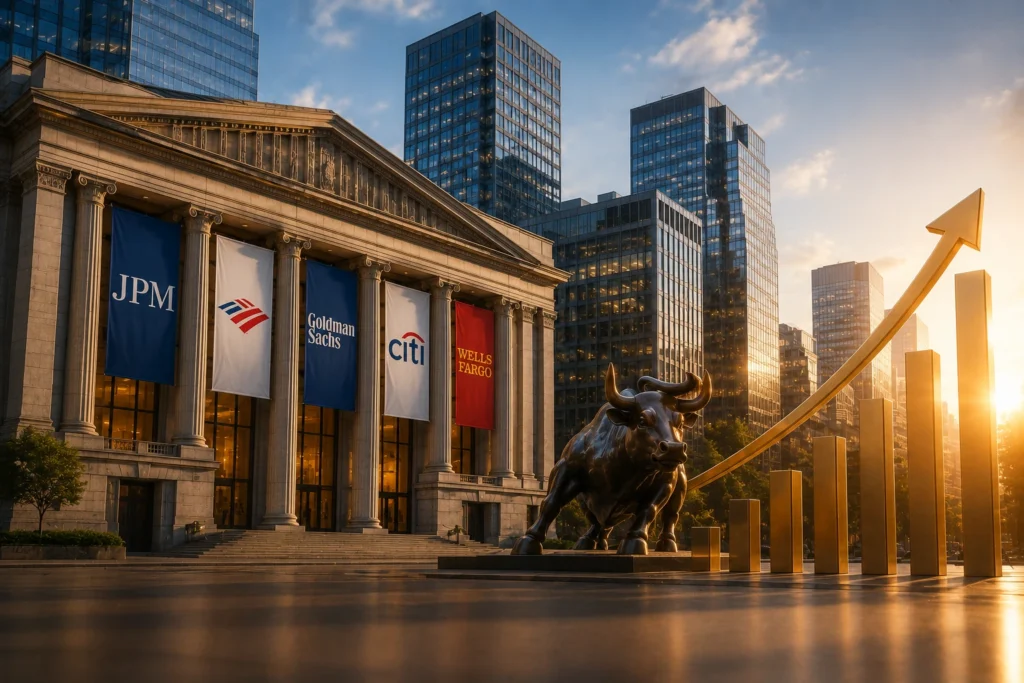 Bronze bull statue in front of a grand banking facade with banners for JPM, Citi, Goldman Sachs, and Wells Fargo against tall glass skyscrapers at sunset. visually rich financial district scene.