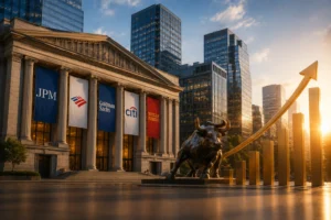 Bronze bull statue in front of a grand banking facade with banners for JPM, Citi, Goldman Sachs, and Wells Fargo against tall glass skyscrapers at sunset. visually rich financial district scene.