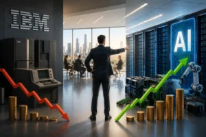 Businessman in a suit points toward a glowing 'AI' server room, with rising green arrow and stacks of coins signaling growth and AI adoption.