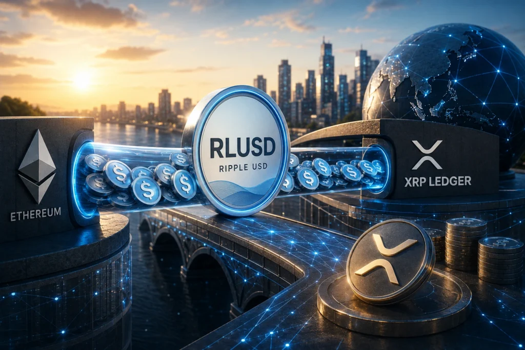 Ripple USD coin labeled RLUSD flows through a futuristic glass conduit between Ethereum and XRP Ledger symbols, with a globe in the background.
