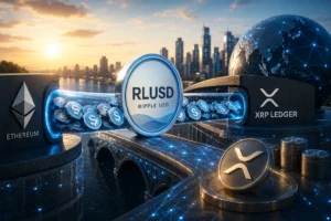 Ripple USD coin labeled RLUSD flows through a futuristic glass conduit between Ethereum and XRP Ledger symbols, with a globe in the background.