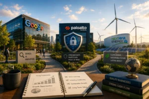 Corporate tech campus with Google and Palo Alto Networks buildings, wind turbines, solar panels, and a notebook showing growth plans on a table in the foreground.