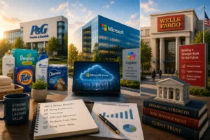Office courtyard with three corporate buildings (P&G, Microsoft, Wells Fargo) and a desk scene showing brand products, a laptop displaying Microsoft Azure, and growth reports.