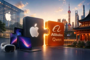 3D scene showing Apple and Alibaba Qwen logos on connected blocks with Apple devices and a futuristic cityscape in the background, symbolizing tech collaboration.
