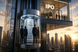Businesspeople in formal attire observe a large branded device labeled 'Claude' inside a glass capsule on a skyscraper, with an IPO sign and city skyline at sunset behind them.