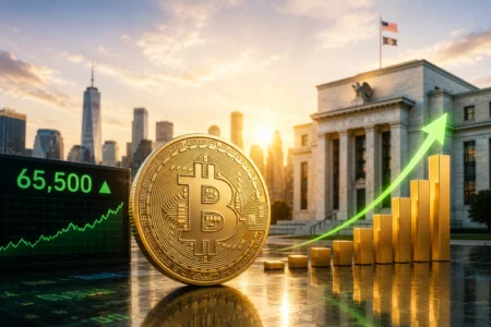 Bitcoin coin with rising bar chart and upward stock line in front of a government building at sunset, conveying crypto growth in finance.