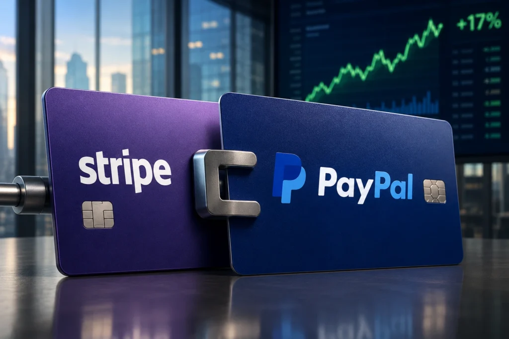 Two payment panels labeled Stripe and PayPal joined together, with a stock market chart in the background.