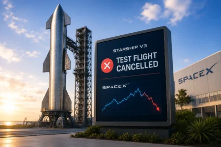 Digital sign reading 'Test Flight Cancelled' at SpaceX Starship facility with a rocket on the pad in the background.