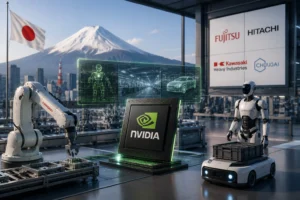 Robotics lab scene with a NVIDIA workstation; holographic panels show a humanoid figure, a car, and a factory interior. Behind are city buildings and Mount Fuji with a Japanese flag.