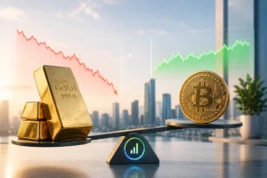 Gold bars and a Bitcoin on a balance scale, with red downward and green upward market charts in the background—the gold vs crypto investment theme.