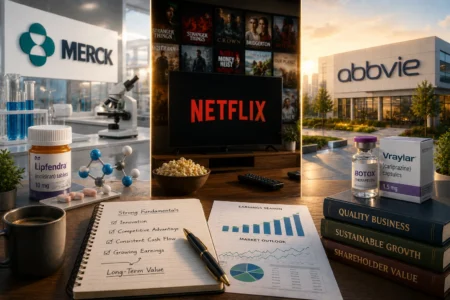 Rekomendasi Saham Hari Ini: MRK, NFLX, ABBV (17 Juli 2026) Desk scene blending pharma and media: Netflix on a TV, Merck and AbbVie branding outside, pills and lab glassware on the left, and a notebook with checklists and charts in the foreground.