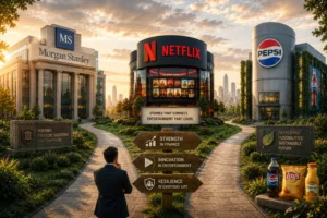 Man in a suit stands on a brick path facing wooden direction signs at a sunlit corporate campus with Netflix, Morgan Stanley and Pepsi buildings behind him.