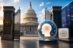 Glowing glass globe with a head silhouette and network points, symbolizing AI near the Capitol gates.