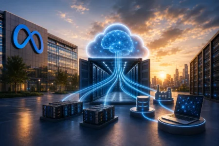 Data center with glowing blue cloud and bright data streams connecting servers to storage and a laptop beneath a sunset sky.