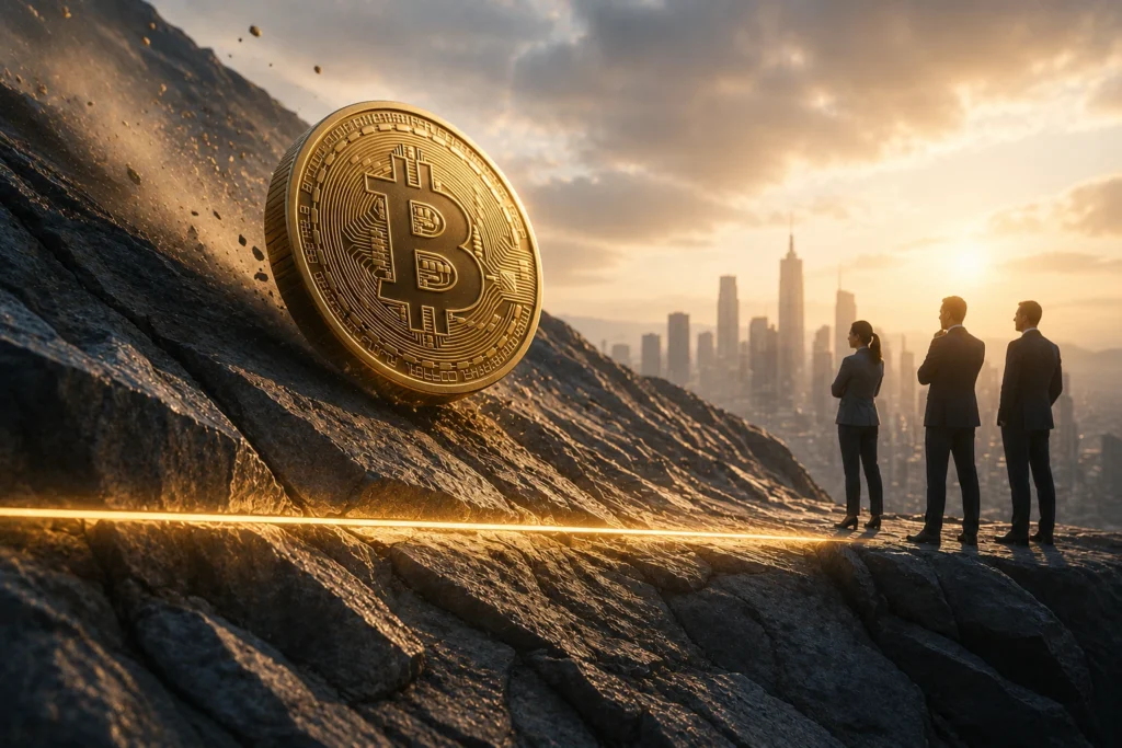 Bitcoin on a rocky cliff with a city skyline at sunset and three businesspeople observing in suits from the right side.
