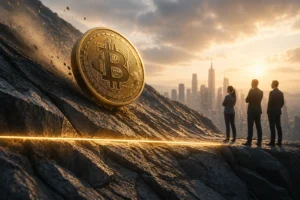 Bitcoin on a rocky cliff with a city skyline at sunset and three businesspeople observing in suits from the right side.