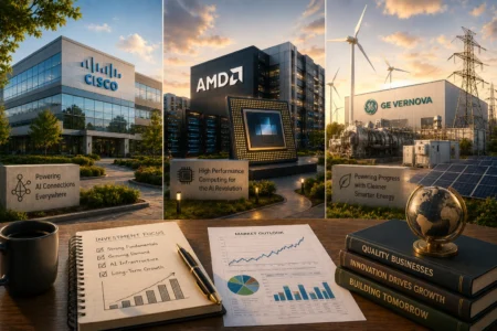 Rekomendasi Saham Hari Ini: CSCO, AMD, GEV (20 Juli 2026) Tech campus collage featuring Cisco, AMD, and GE Vernova with AI hardware centerpiece and wind turbines in the background; foreground shows a desk with charts and books.