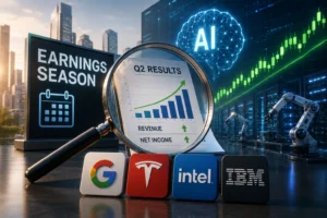 Magnifying glass highlighting a Q2 results sheet with a rising revenue and net income chart, set against AI visuals and an 'EARNINGS SEASON' sign, with Google, Tesla, Intel, and IBM logos nearby.