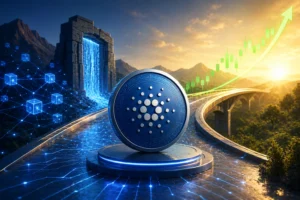Cardano (ADA) coin on a high-tech platform with glowing data streams and a rising green chart indicating growth.