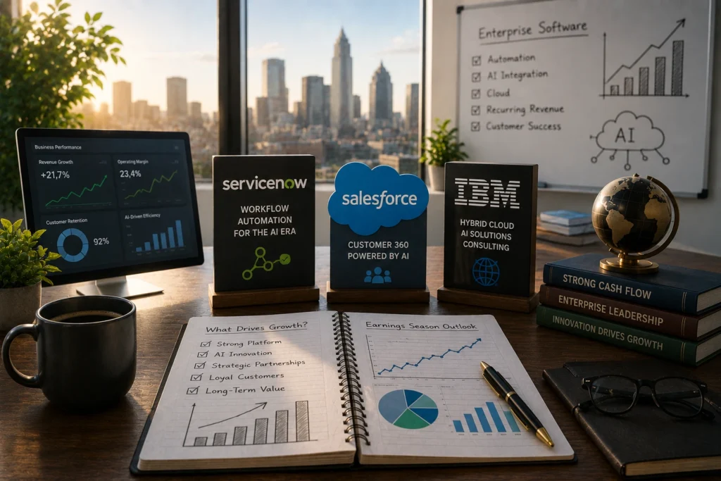 Rekomendasi Saham Hari Ini: NOW, CRM, IBM (21 Juli 2026) Desk setup with AI and cloud signs (Salesforce, ServiceNow, IBM) and a notebook showing charts, by a cityscape window.