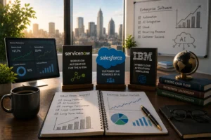 Desk setup with AI and cloud signs (Salesforce, ServiceNow, IBM) and a notebook showing charts, by a cityscape window.