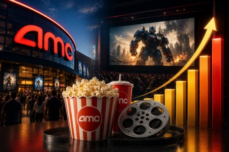 Box Office Kembali Ramai, AMC Raih Rekor Earnings AMC cinema exterior at night with popcorn, soda, and film reel in the foreground; a large screen shows a robot movie in the distance.