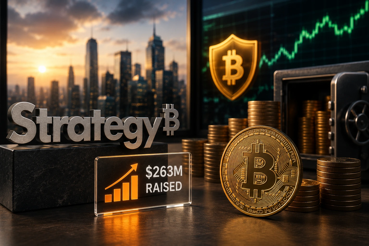 Crypto strategy scene with gold Bitcoin coin, stacks of coins, and a safe; city skyline at sunset in the background; shows $263M raised.