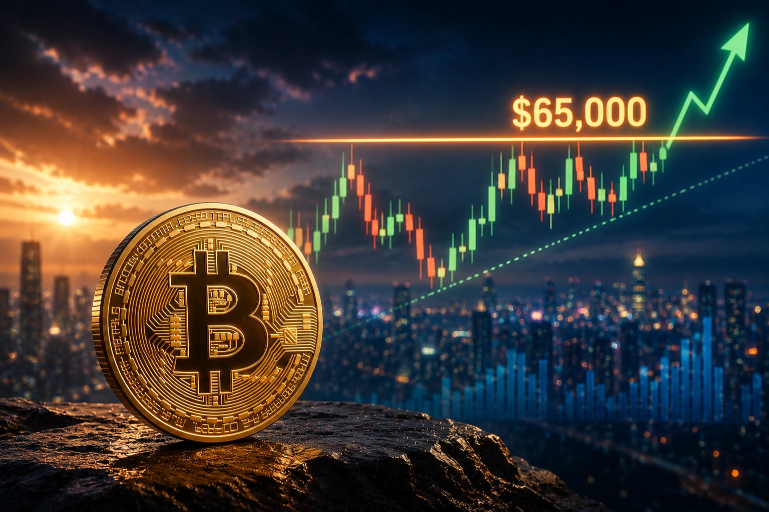 Bitcoin coin on a rock with a city skyline and a rising chart toward $65,000 at sunset/blue hour.