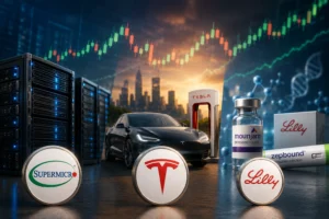 Tesla electric car charging beside a data-center scene, with biotech and pharma logos (Lilly, Mounjaro, Zepbound) in the foreground and server racks.