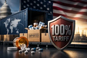 Shield reading '100% TARIFF' in the foreground with a shipping container, boxes labeled IMPORTED, and scattered pills, US Capitol and flag in the background close by.