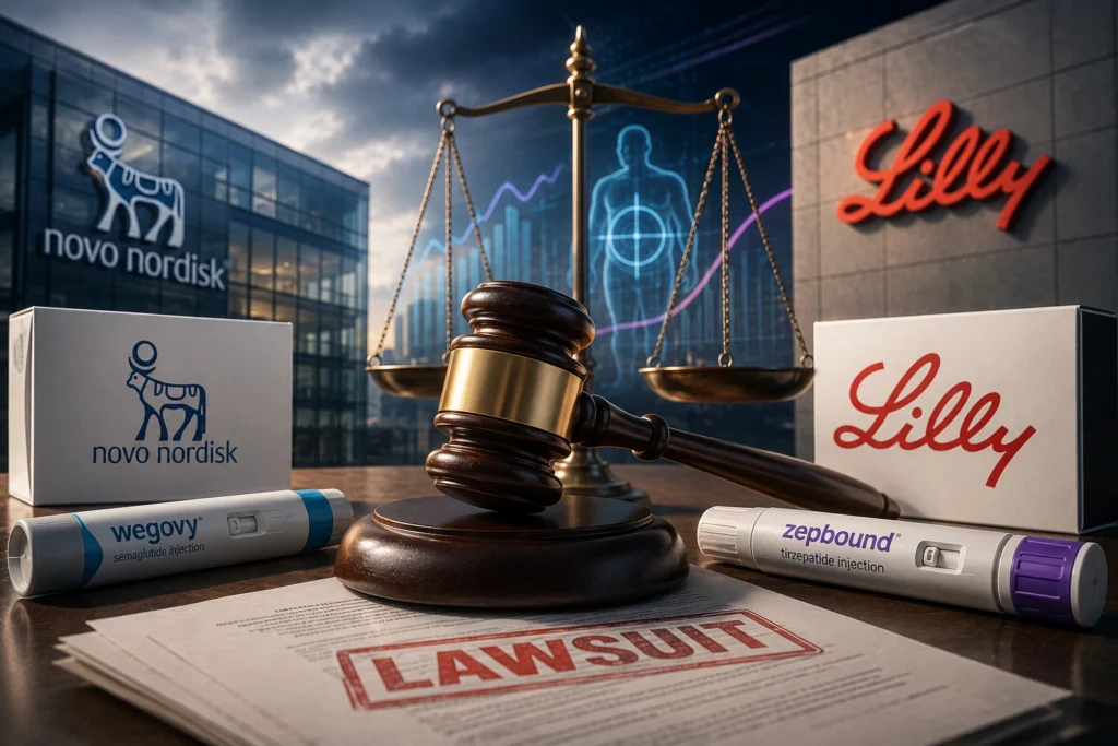 Novo Nordisk Gugat Eli Lilly soal Iklan GLP-1 Judicial gavel on a desk with scales of justice; pharma boxes (Novo Nordisk, Lilly) and a stamped 'LAWSUIT' document nearby.