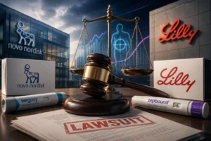 Judicial gavel on a desk with scales of justice; pharma boxes (Novo Nordisk, Lilly) and a stamped 'LAWSUIT' document nearby.