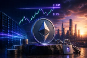Ethereum coin with chain and padlock on a rock, stacks of coins and a rising price chart over a city skyline in the background, illustrating crypto security and growth.