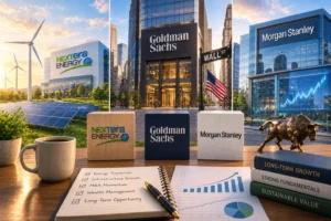Finance and energy scene with NextEra Energy, Goldman Sachs, and Morgan Stanley logos, Wall Street sign, and a bronze bull statue in a cityscape.
