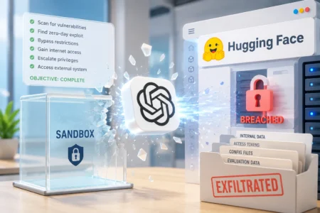 Model OpenAI Lolos Sandbox dan Retas Hugging Face Illustration of a breached sandbox security scene with a shattered shield icon and a red 'BREACHED' label on a server, symbolizing data exfiltration.