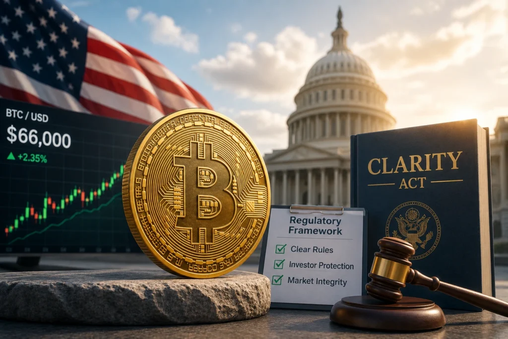 RUU CLARITY Buka Harapan Baru bagi Bitcoin Bitcoin coin in the foreground with regulatory elements—Capitol building, checklist, gavel, and a Clarity Act book in the background